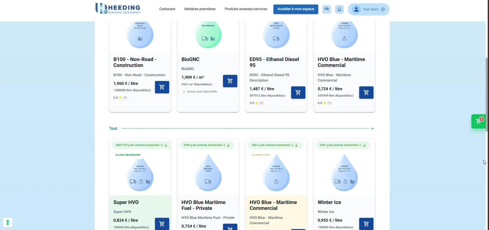 La plateforme Heeding — catalogue de carburants durables avec prix, traçabilité et conformité
