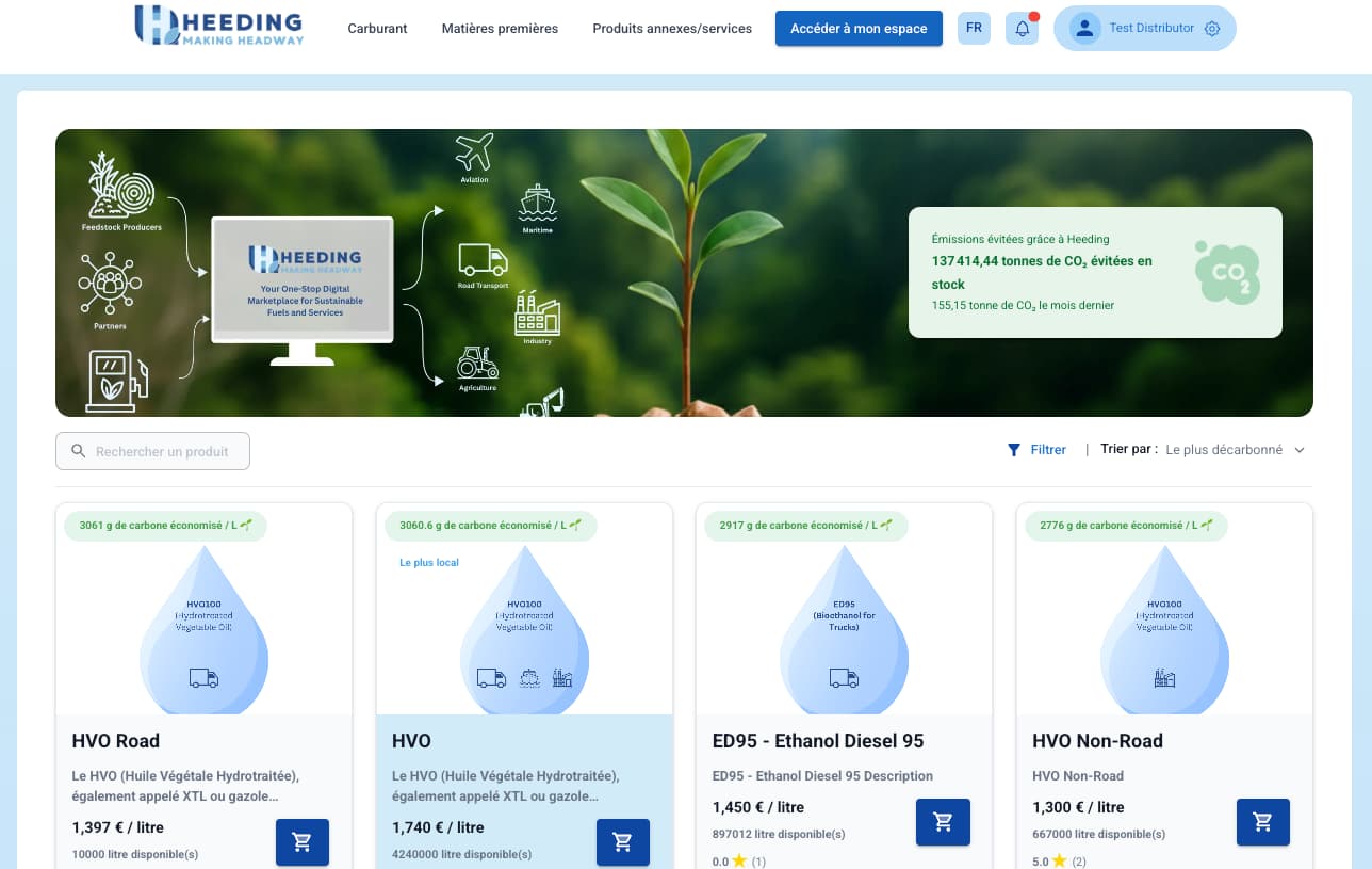 La plateforme Heeding — catalogue de carburants durables avec prix, traçabilité et conformité